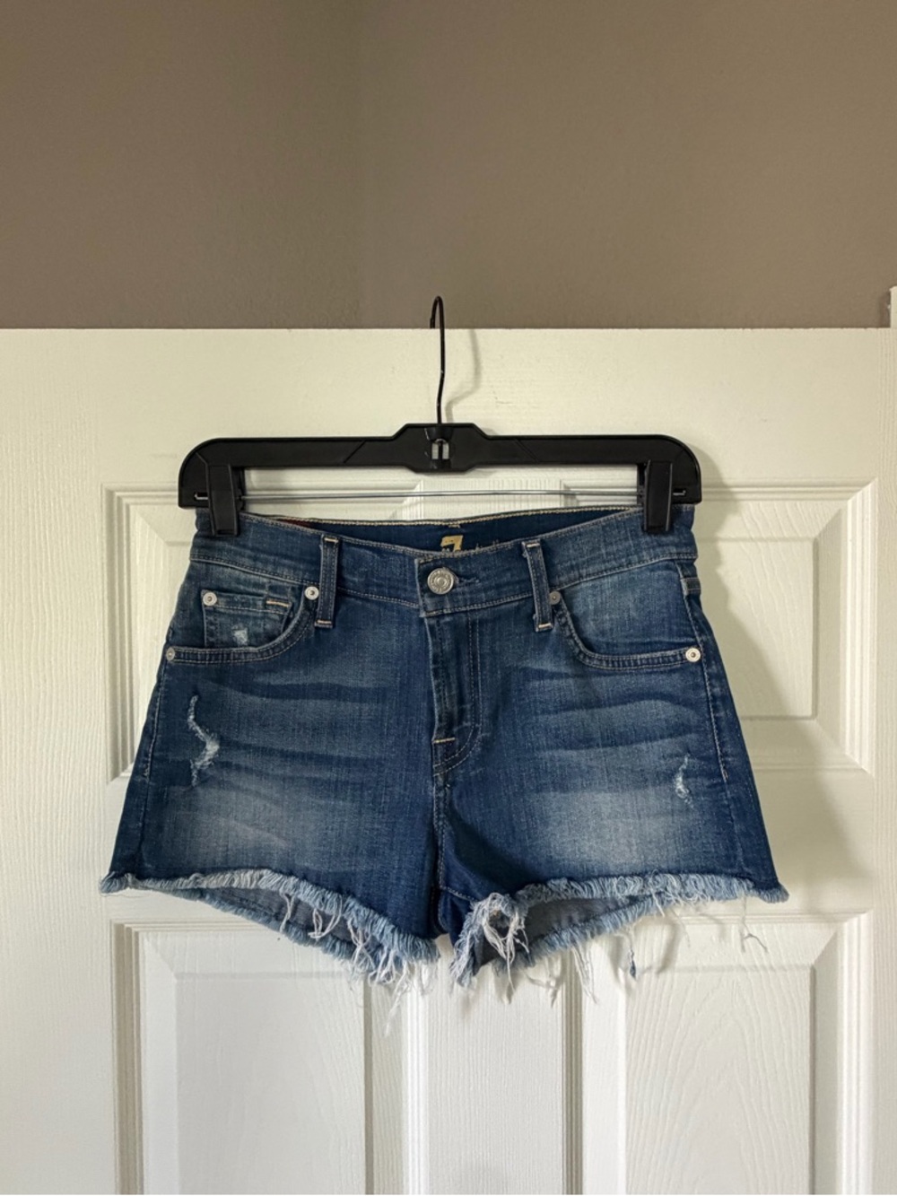 7 For All Mankind Blue Distressed Frayed Hem Denim Shorts